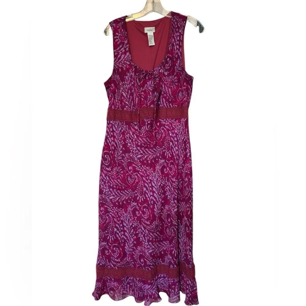 Pink Floral Sequin Midi Dress 12 Milkmaid Y2K Chiffon Crochet Trim Boho